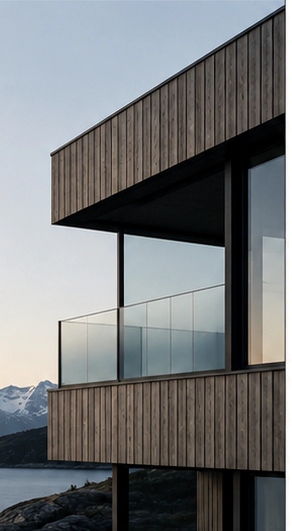 Minimal Nordic architecture against a mountain landscape